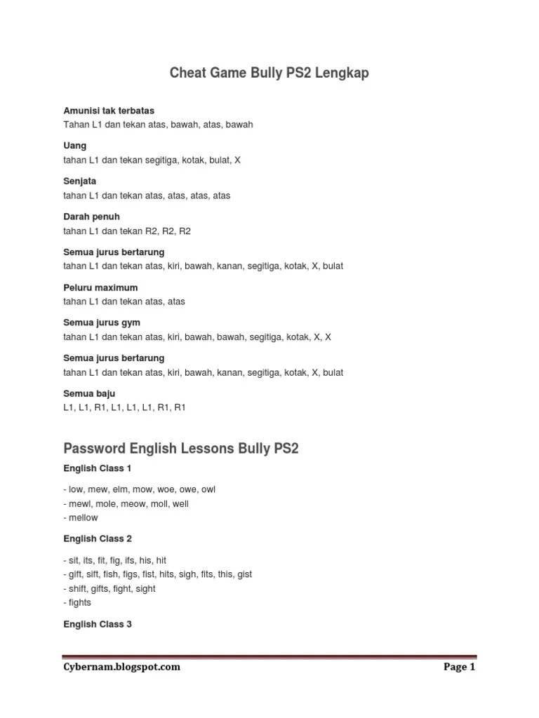 Pelajaran inggris bully dunia sekolah id. Cheat Game Bully Ps2 Lengkap Pdf