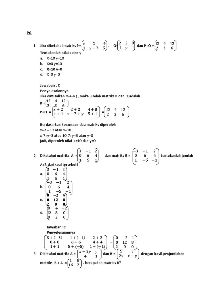 Contoh Soal Matriks Kelas 11 2019 Dan Kunci Jawabannya 