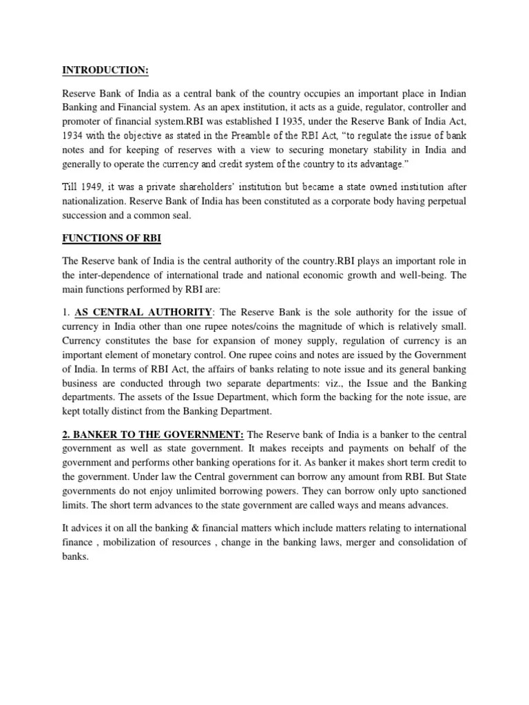 Functions Of Rbi | PDF | Reserve Bank Of India | Central Banks