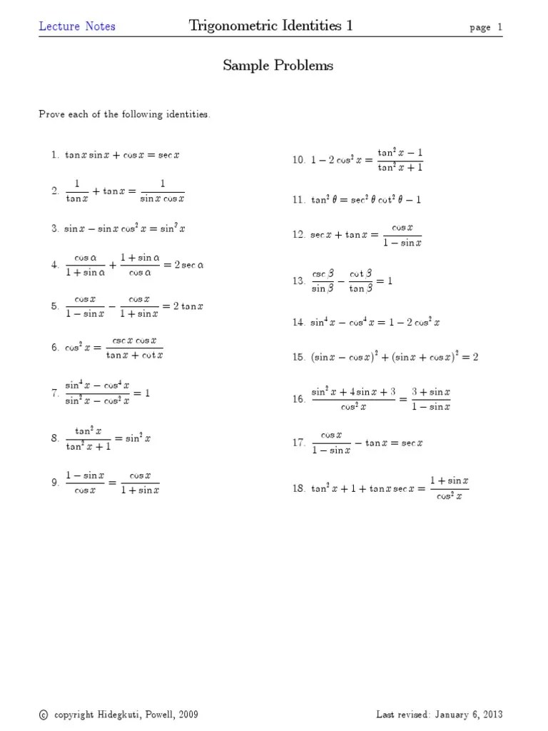 Trig Identities 1 | PDF | Trigonometric Functions | Algebra