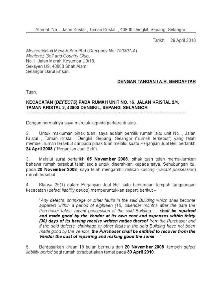 Merujuk perkara di atas, ingin membuat aduan tentang . Contoh Surat Aduan Defect Rumah Baru Pdf
