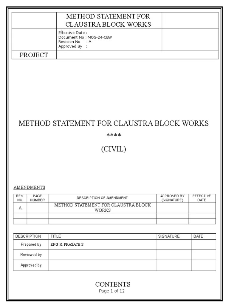 Method Statement For Claustra Block Works. | PDF | Personal Protective ...