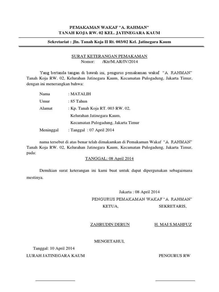 Referensi 15+ contoh surat keterangan zonasi. Surat Pemakaman Dari Kelurahan - Kumpulan Contoh Surat