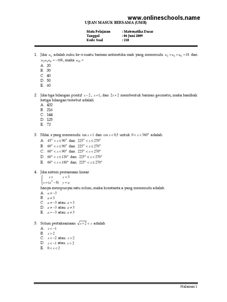 Soal Tes Matematika Dasar Masuk Universitas Jawabanku Id 