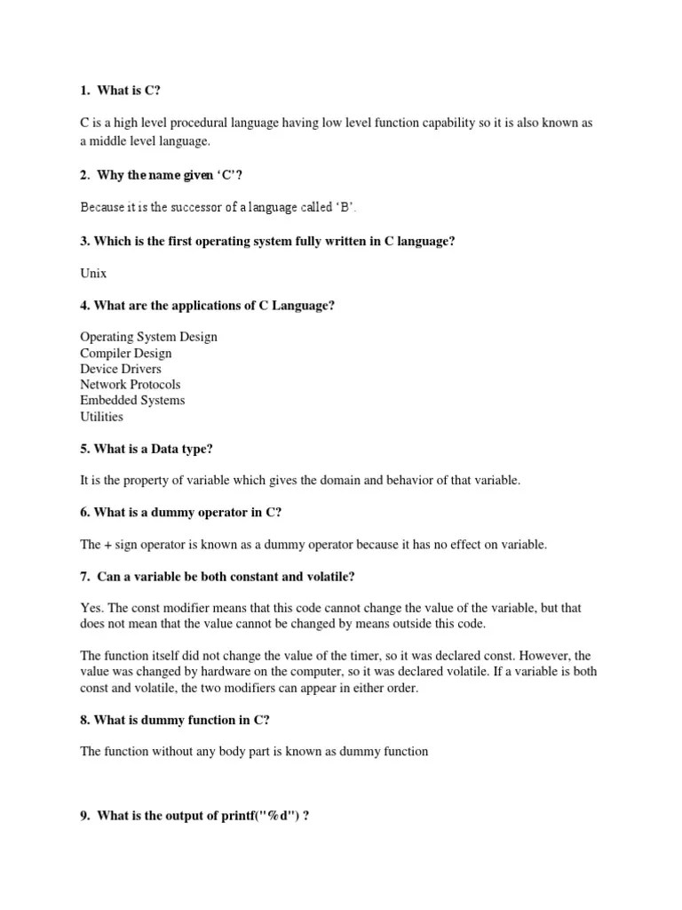 Basic C Questions | Download Free PDF | C (Programming Language) | Pointer (Computer Programming)
