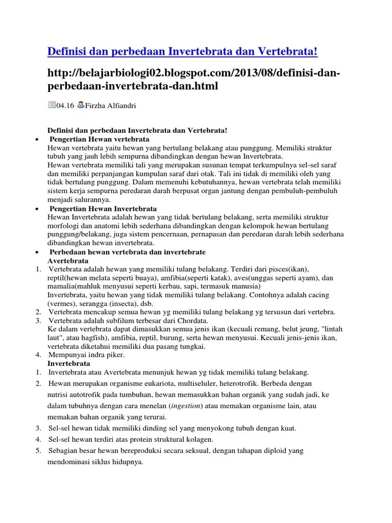 Definisi Dan Perbedaan Invertebrata Dan Vertebrata | PDF