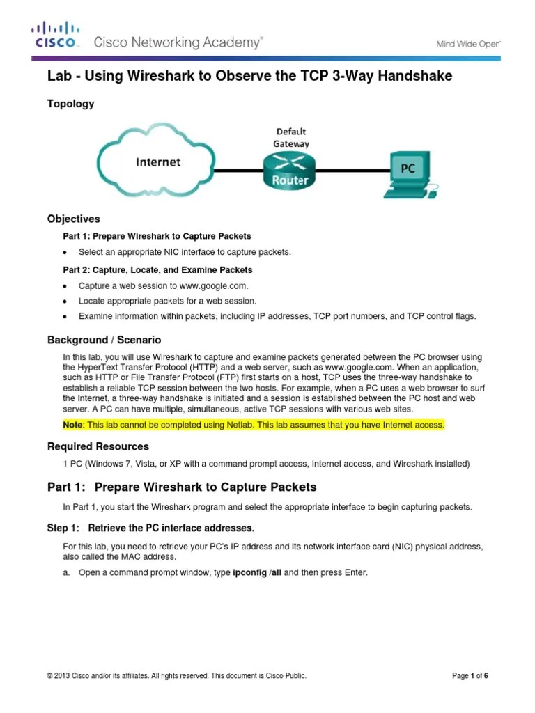 7.2.1.8 Lab - Using Wireshark To Observe The TCP 3-Way Handshake | PDF ...