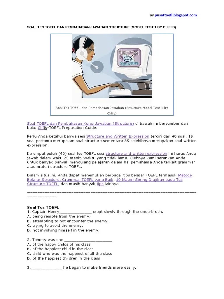 What are the three sections of the toefl itptest? SOAL TES TOEFL DAN PEMBAHASAN JAWABAN STRUCTURE.pdf | Air ...