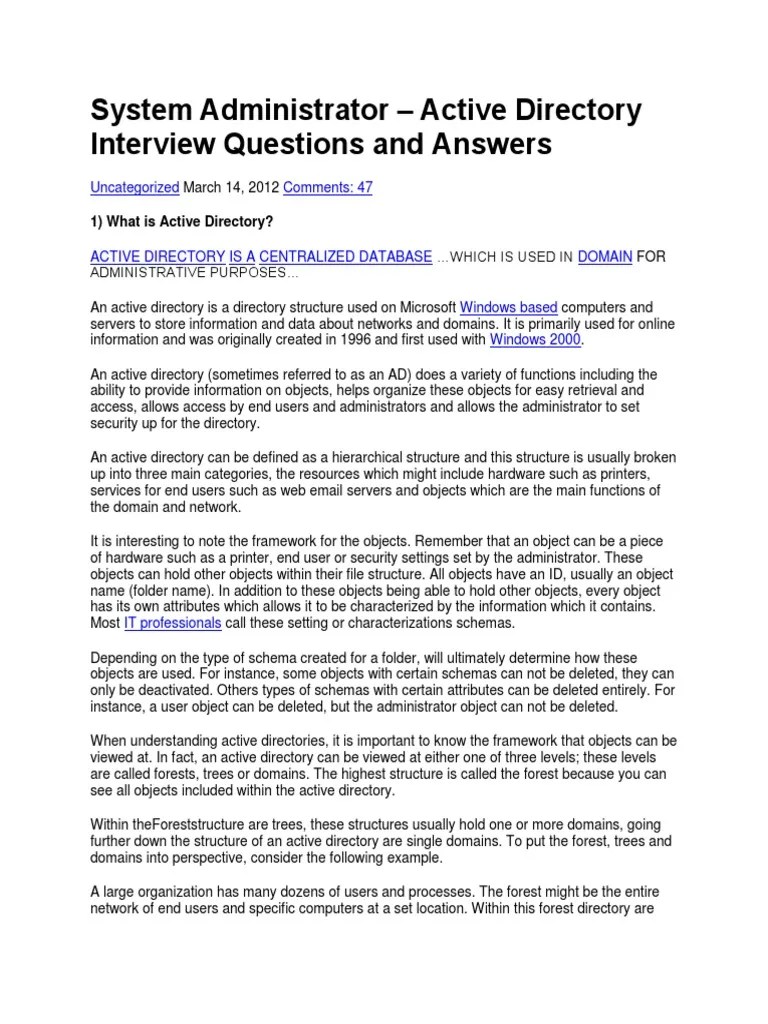 Active Directory Interview Questions | PDF | Active Directory | Windows ...