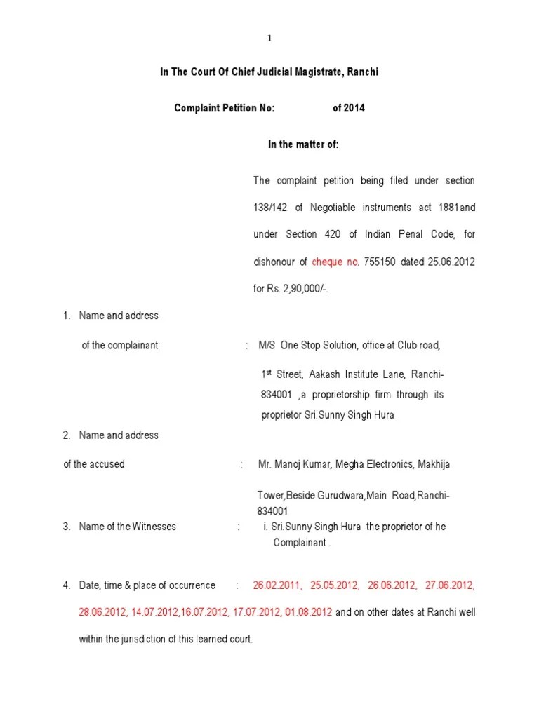 Complaint Under Section 138 Of Ni Act | PDF | Cheque | Virtue