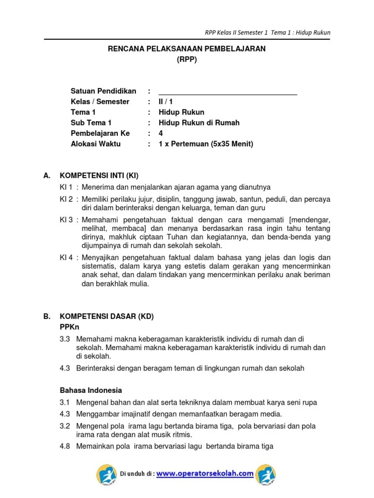 Link untuk mendapatkan file lengkap rpp untuk sd/mi. Rpp Kurikulum 2013 Sd Kelas 2 Semester 1 Tema Hidup Rukun Sub Tema 1 Hidup Rukun Di Rumah Pembelajaran 4 Pdf Pdf