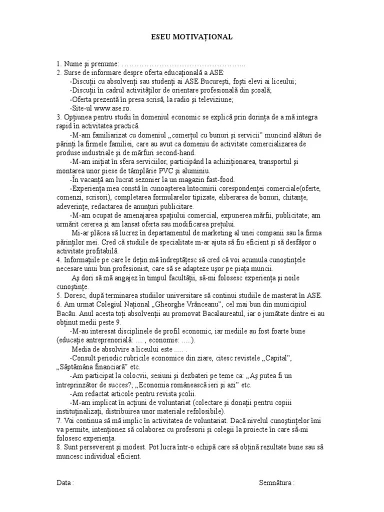 Înscrie la o examenul de admitere la ase cuprinde eseul motivațional, . Eseu Motivational Pentru Ase Pdf