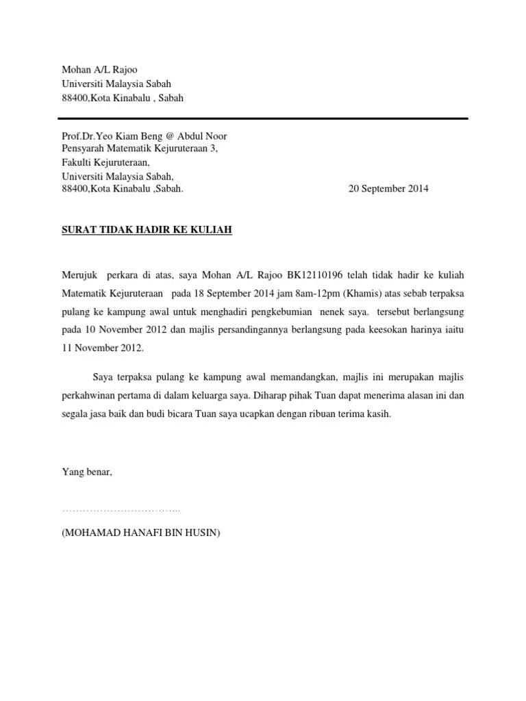 Surat rasmi melawat orang sakit format: Surat Ketidakhadiran Ke Kuliah Pdf