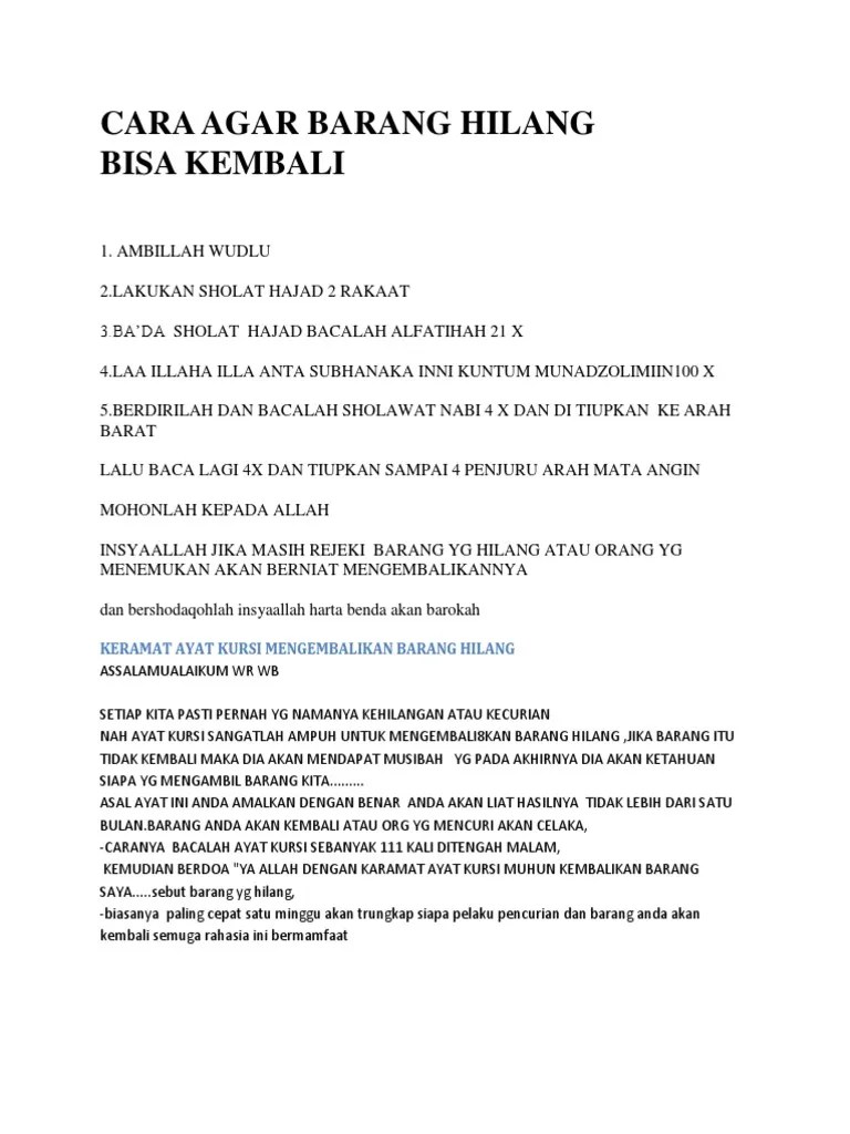 Doa barang hilang agar cepat kembali · berdoa merupakan cara manusia meminta permohonan kepada sang pencipta. Cara Agar Barang Hilang Bisa Pdf