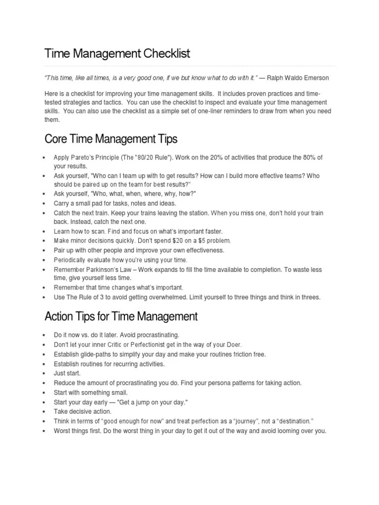 Time Management Checklist | PDF | Time Management | Professional Skills