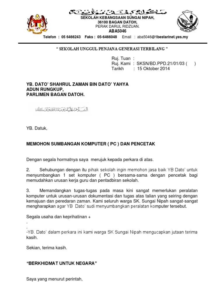 Surat Rasmi Permohonan Bantuan Laptop - Letter.7Saudara.com