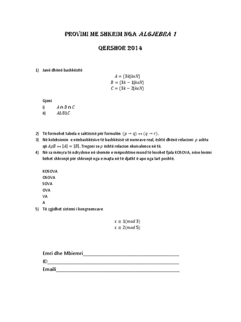 Provimi Me Shkrim Nga Algjebra 1 | PDF