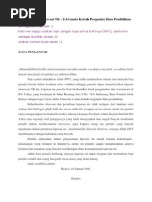 (format observasi diisi dengan membubuhkan tanda ceklis dan catatan yang. Contoh Laporan Observasi Di Tk Pdf