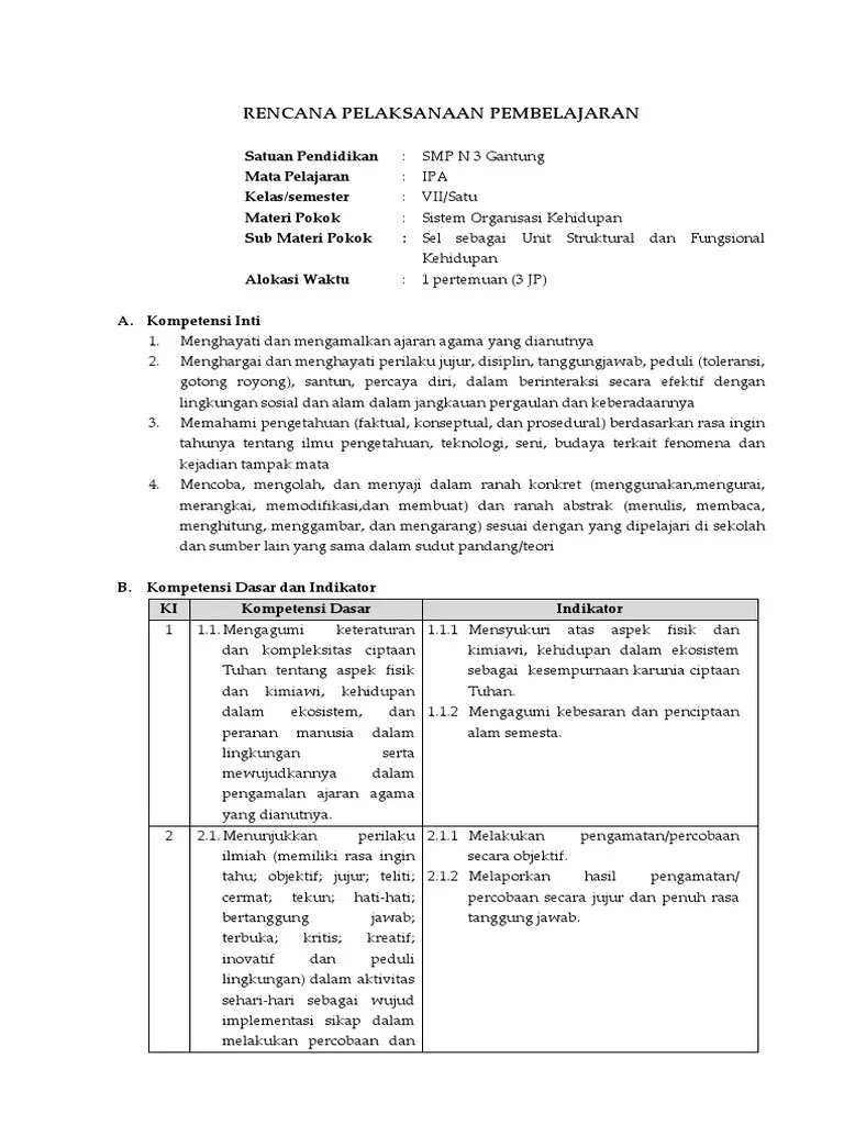 Berikut ini rpp mata pelajaran ipa untuk kelas 7 kelas 8 dan kelas 9 berdasarkan kurikulum 2013 edisi revisi tahun 2016. Les Privat Smp Klaten Murah Terbaik Rpp Ipa Smp Kelas 7 Kurikulum 2013 Sistem Organisasi Kehidupan Update Terbaru