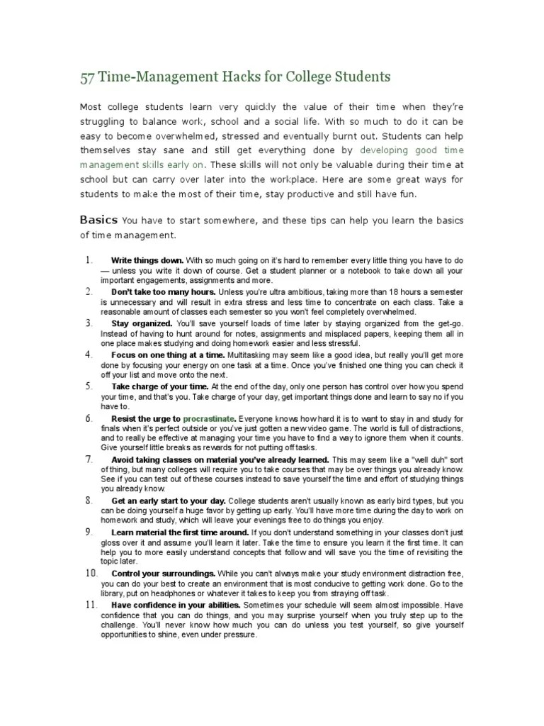 57 Time-Management Hacks For College Students | PDF | Homework | Schools