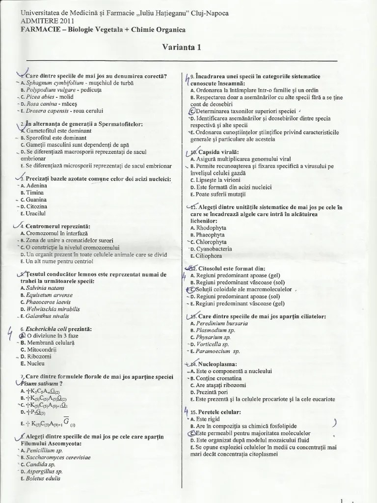 Subiecte și barem de corectare. Subiecte admitere farmacie