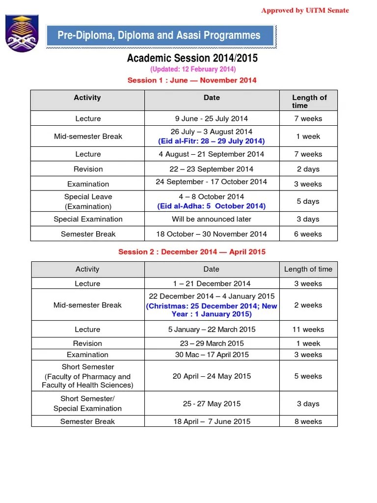 Academic calendar 2017/2018 academic year first semester level 200, 300 & 400 and graduate students activity date students report. Kalendar Uitm 2016
