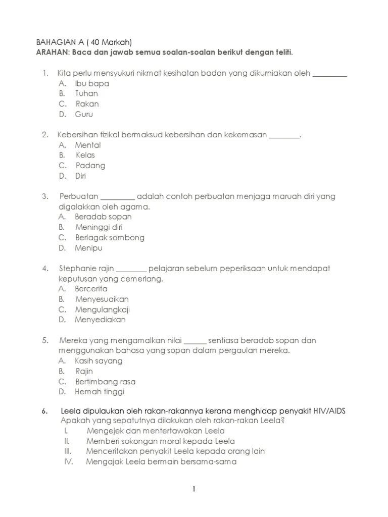 Peperiksaan Akhir Tahun Pendidikan Moral Tahun 6-2014 | PDF