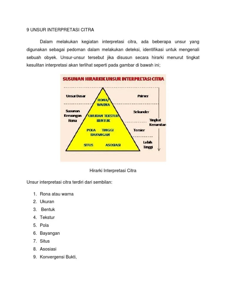 Interpretasi citra adalah perbuatan mengkaji foto udara atau citra dengan maksud untuk mengidentifikasi objek dan menilai arti pentingnya objek tersebut. 9 Unsur Interpretasi Citra Pdf