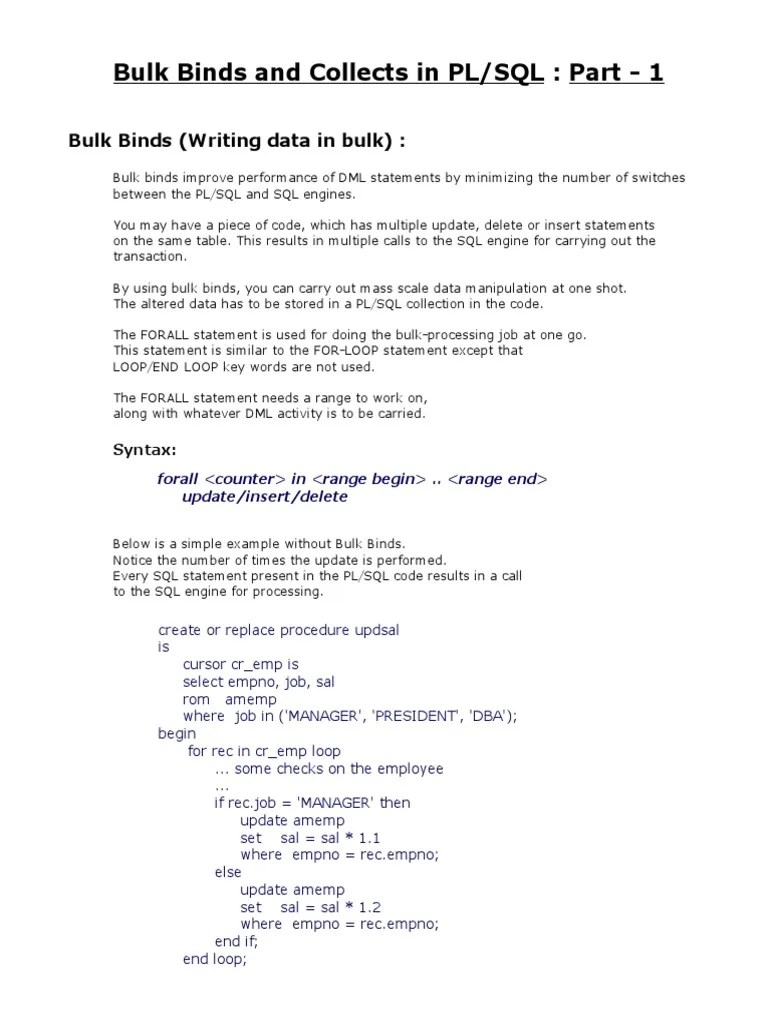 Bulk Binds And Collects In PLSQL | PDF | Pl/Sql | Sql