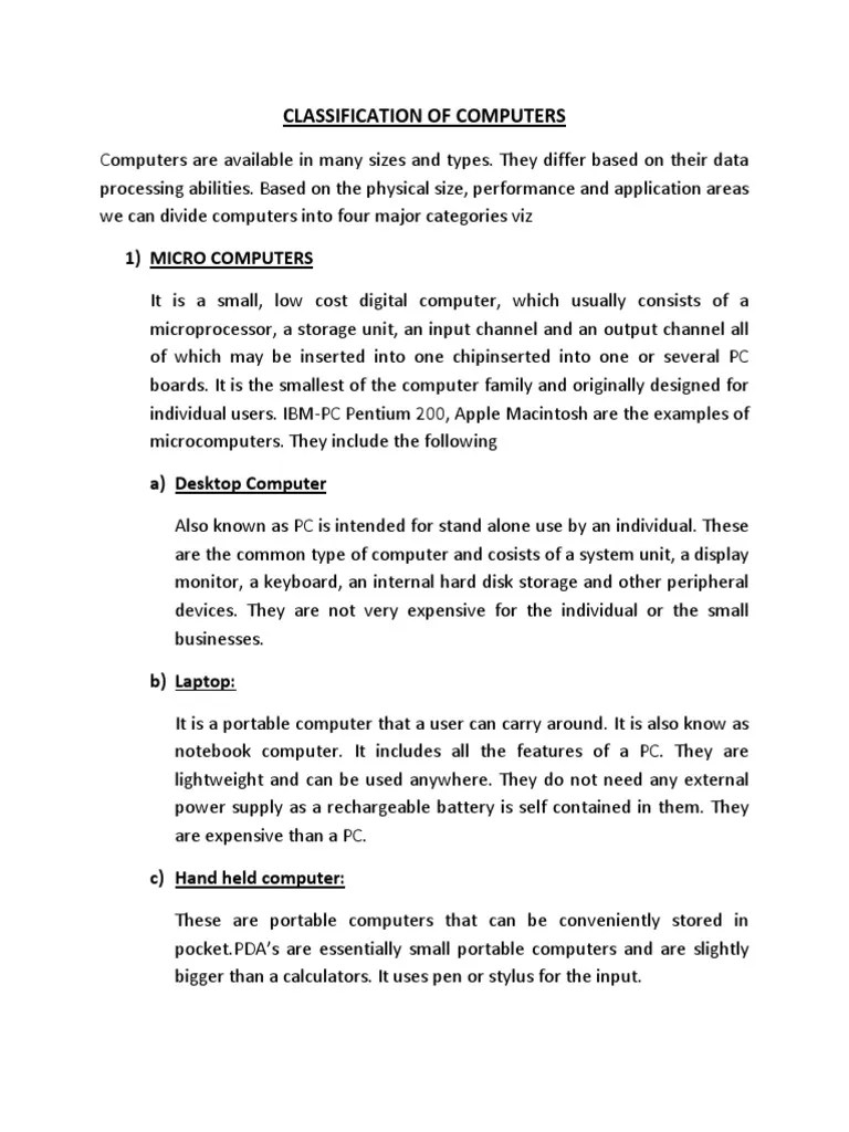 Classification Of Computers | PDF | Microcomputers | Supercomputer