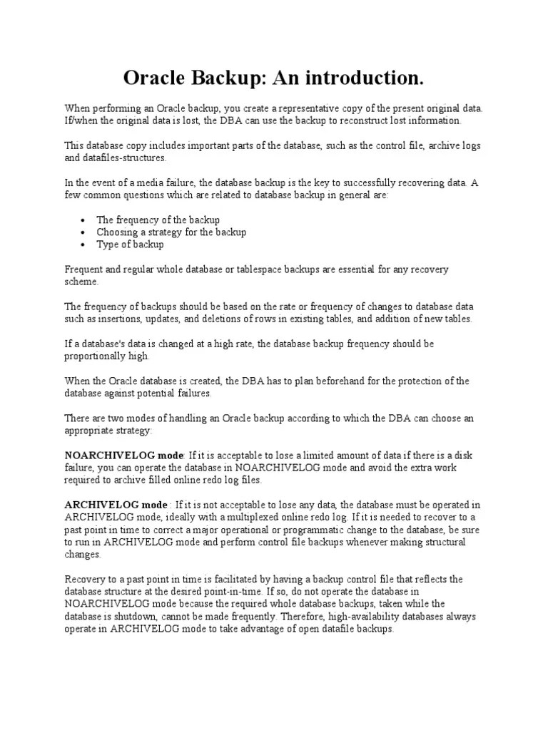 Oracle Backup - An Introduction | Download Free PDF | Backup | Databases