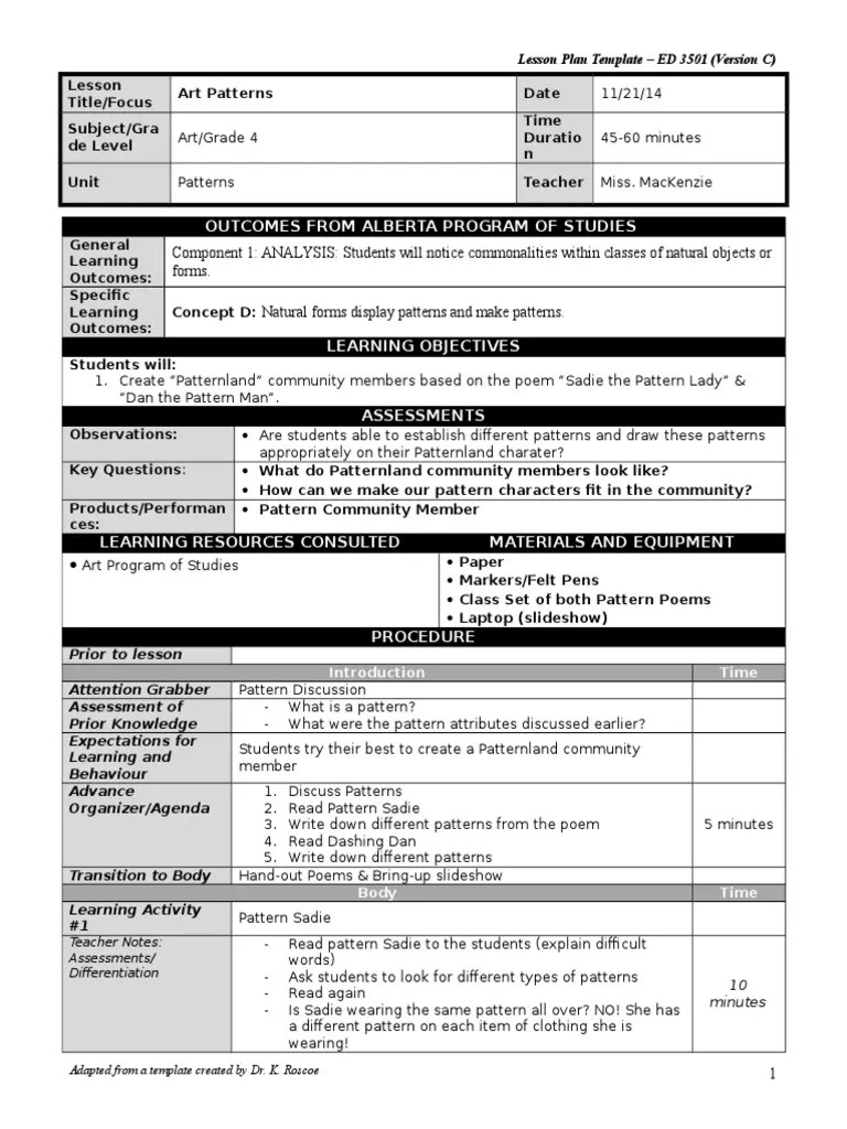 lesson plan 6 pattern art educational assessment lesson plan