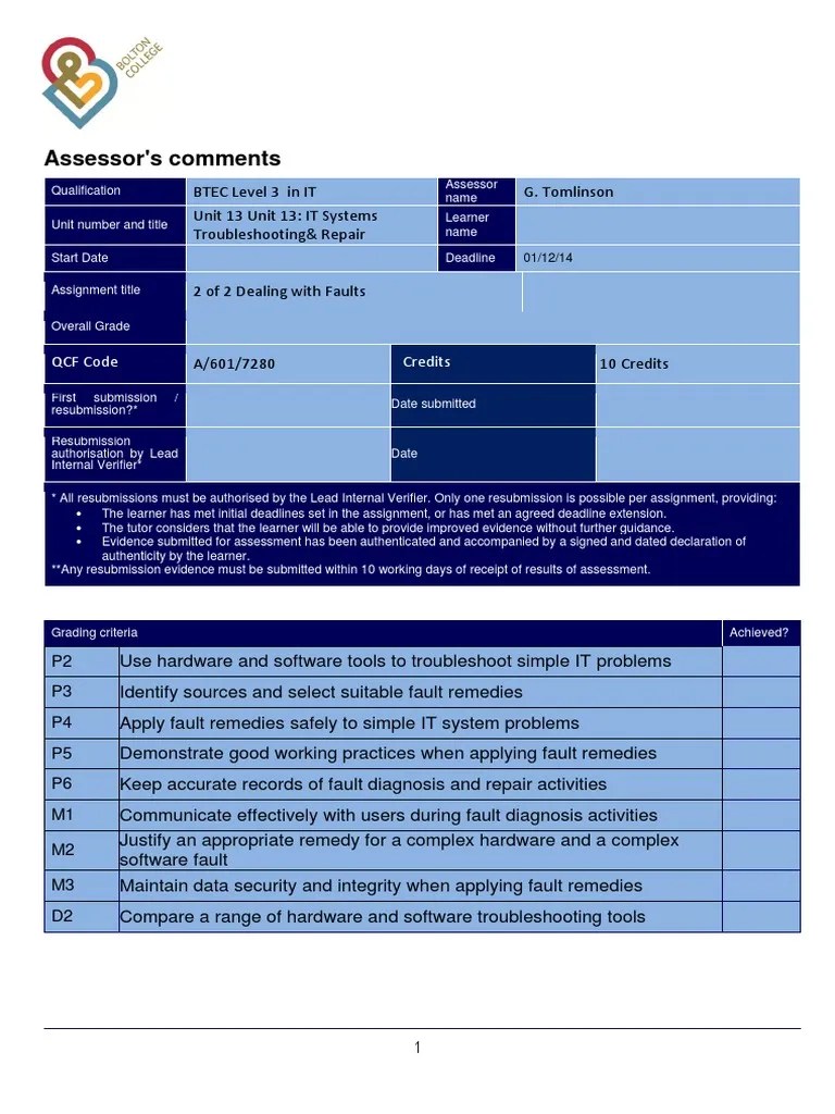 Unit 13 - Assignment 2-14-15 Rev 1 | PDF | Troubleshooting | Educational Assessment