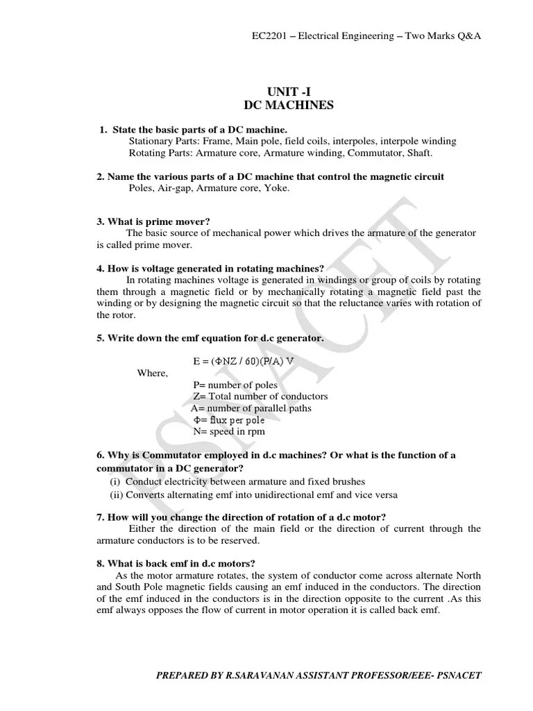 Ece Electrical Engineering 2 Marksandanswers Electric