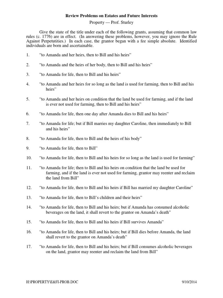 Estates & Future Interests Problems | PDF | Legal Aspects Of Death | Civil Law (Common Law)