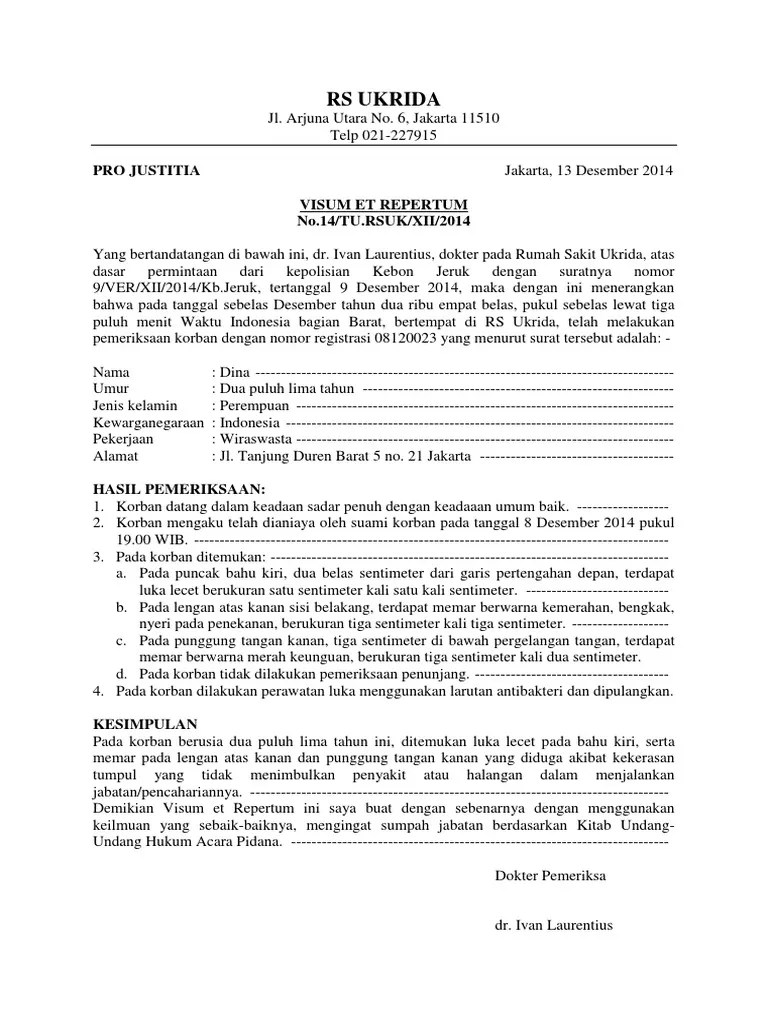 Ü pasal 133 ayat 1 dan 2 kuhap. Contoh Surat Visum Et Repertum Luka Akibat Kekerasan Kumpulan Surat Penting