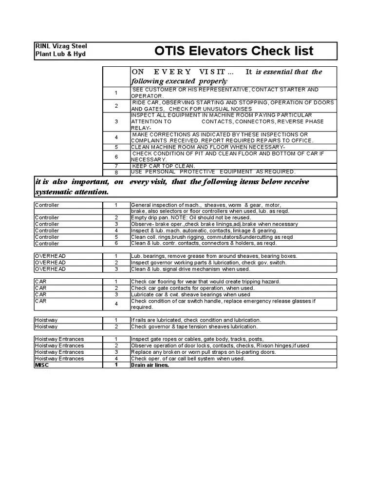 OTIS LIFT PM Checklist | PDF | Elevator | Manufactured Goods