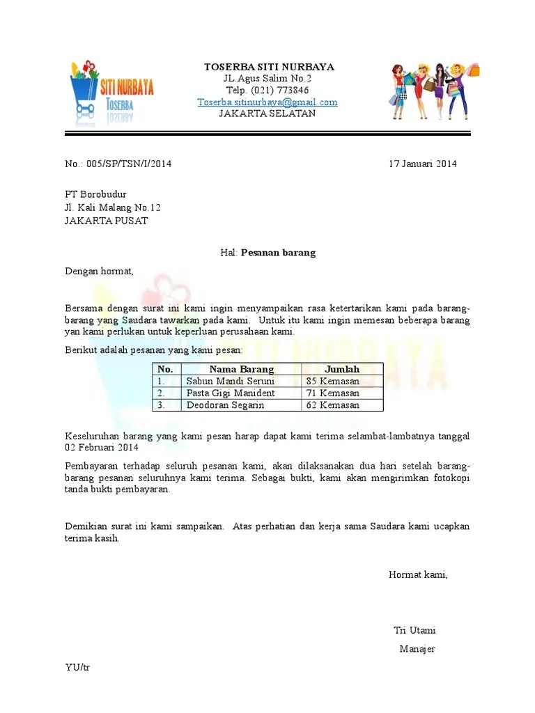 Full block style ( nasional). Surat Pesanan Barang
