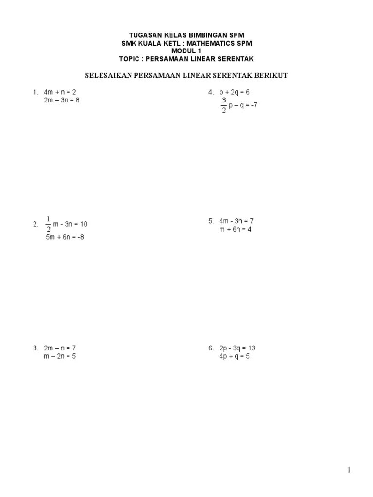 4 x 12 20 14 3x 29 a) b) 5vw 8 0 4x 1 2x 7 6m 2 . Module 1 Simultenous Linear And Equations Pdf Equations Applied Mathematics
