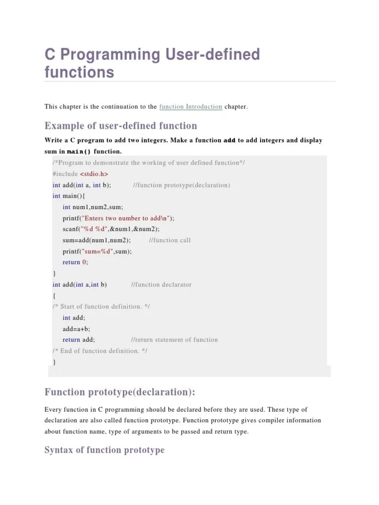 C Programming - User Defined Functions | PDF | Subroutine | Parameter ...