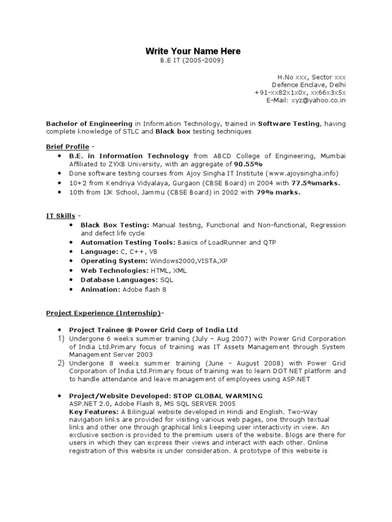 Energetic fresher holding xyz degree computer science and engineering from xyz university of xyz state, good knowledge in computer subjects, and ability to . Fresher Testing Resume Template | Websites | Computing