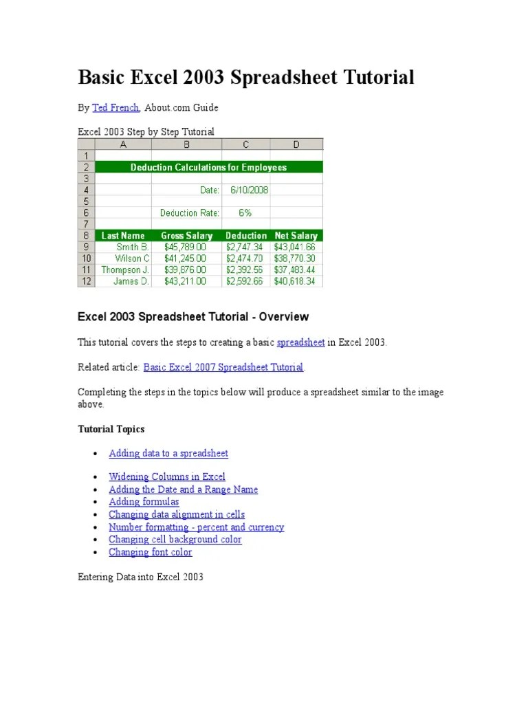 Basic Excel 2003 Spreadsheet Tutorial | PDF | Microsoft Excel | Spreadsheet