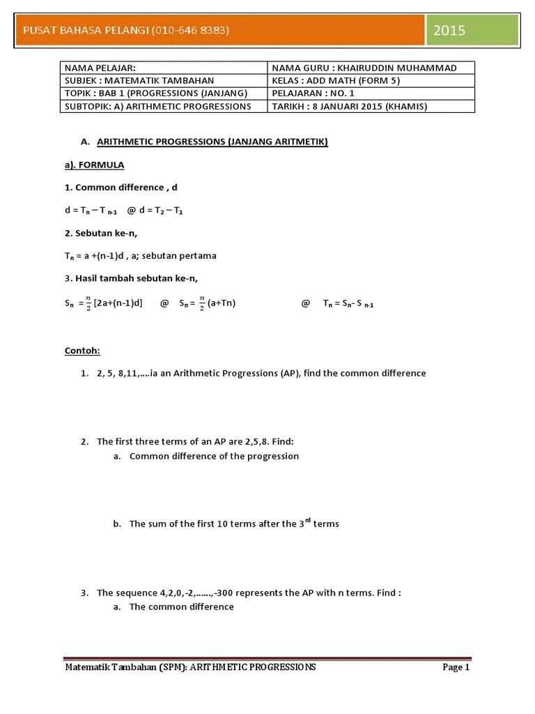 Mathness math spm on twitter f5 arithmetic progression janjang aritmetik keluarkan a d dari jujukan apply formula sn 703 cari n. Add Math F5 Janjang Aritmetik Pdf