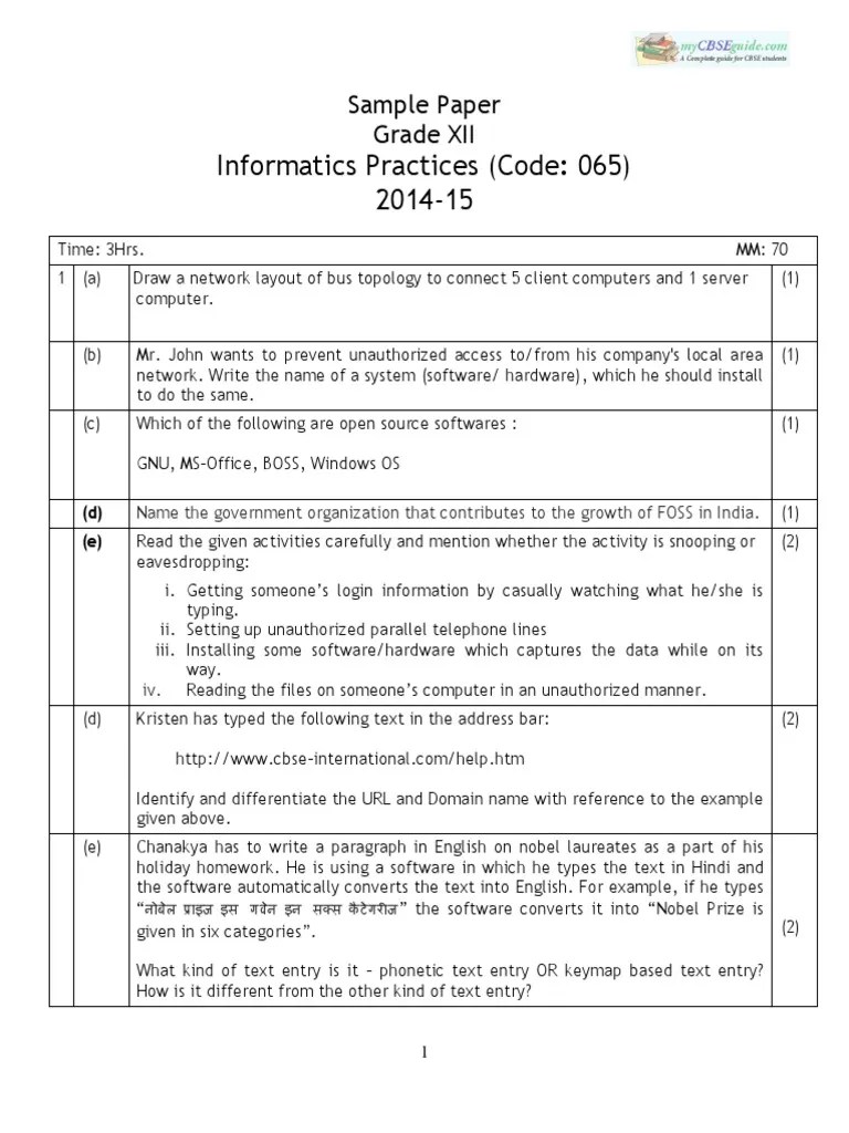 Informatics Practices (Code: 065) 2014-15: Sample Paper Grade XII ...
