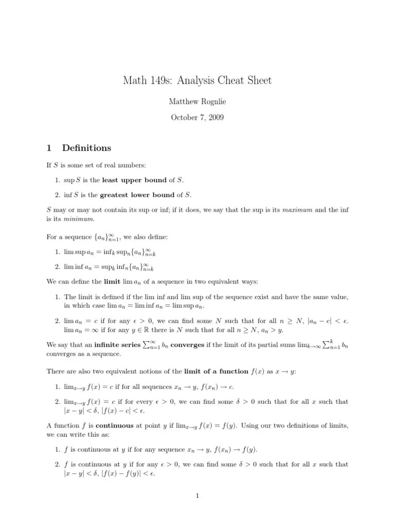 Analysis Cheat Sheet | PDF | Series (Mathematics) | Maxima And Minima