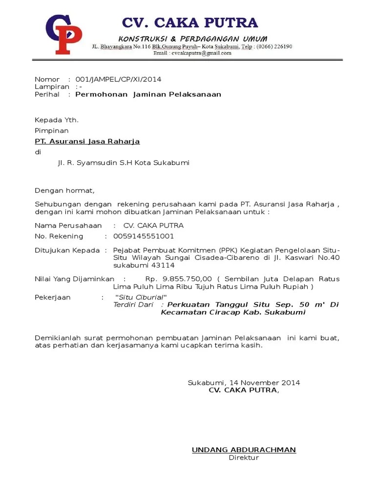 surat hutang piutang dengan jaminan adalah jenis surat perjanjian pinjam uang yang mensyaratkan jaminan didalamnya. Surat Permohonan Jaminan Pelaksanaan Pdf