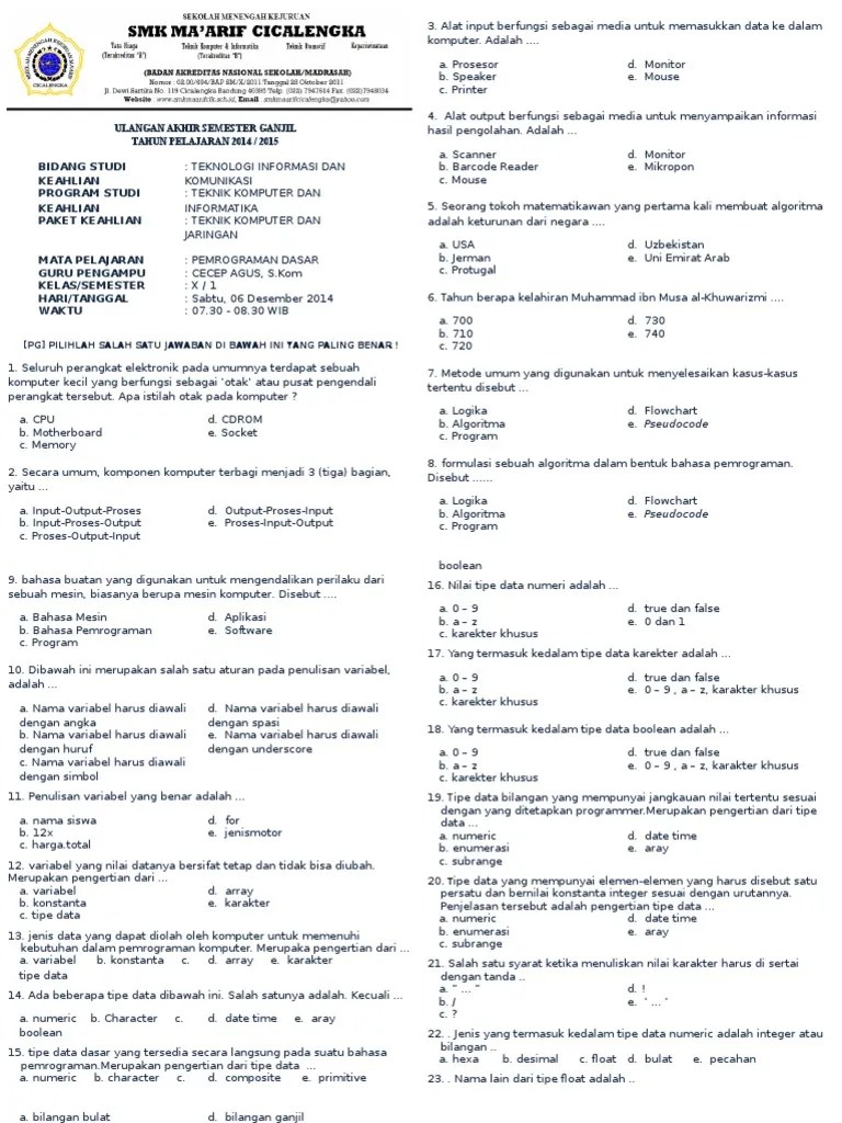 Soal Uas Smk Pemrograman Dasar