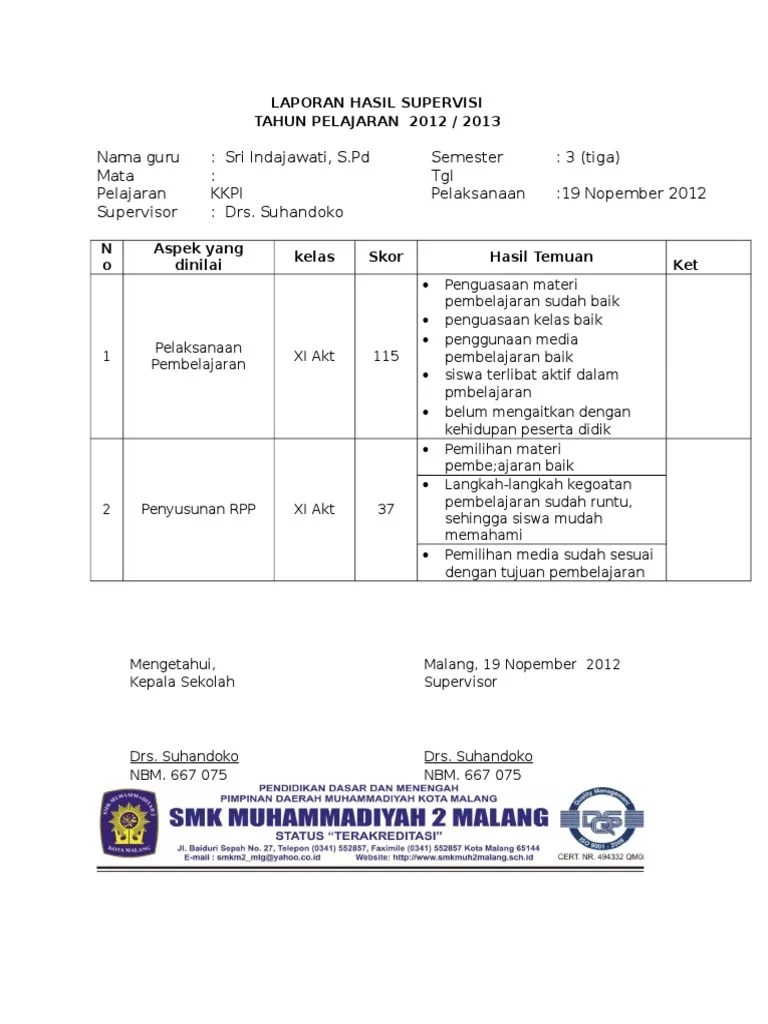 Contoh format buku rekapitulasi supervisi kelas oleh kepala sekolah. Laporan Hasil Supervisi Pdf
