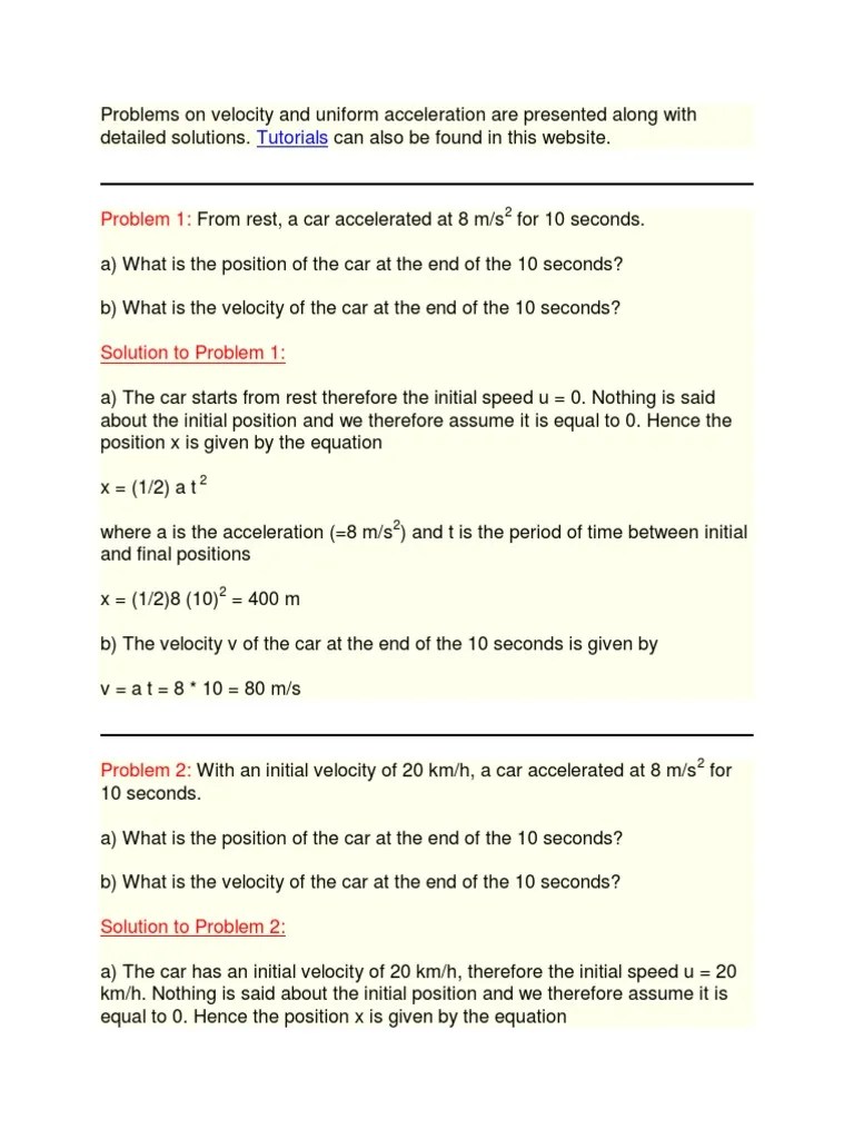 Uniform Acceleration Problems With Solutions | PDF | Acceleration ...