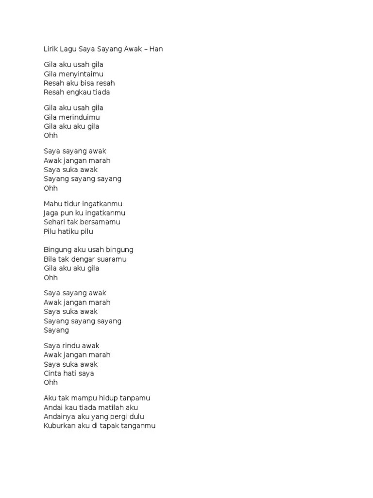 Miak ku sayang jangan macam ya Lirik Lagu Saya Sayang Awak Pdf
